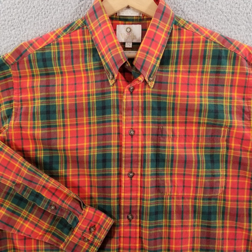 Viyella Shirt Mens Large Red Green Plaid Twill Wool Blend Canada Christmas Lodge